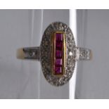 A 9CT GOLD RUBY AND DIAMOND ART DECO STYLE RING.