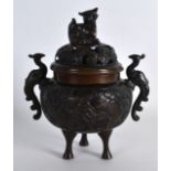 A LATE 19TH CENTURY JAPANESE MEIJI PERIOD BRONZE KORO AND COVER decorated with figures. 7.5ins