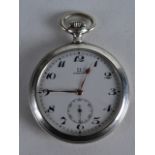 AN EARLY 20TH CENTURY OMEGA SILVER POCKET WATCH. 2.25ins diameter.