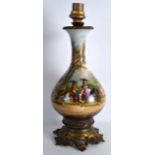 A LATE 19TH CENTURY FRENCH PORCELAIN BULBOUS VASE converted to a lamp, with gilt metal acanthus