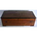 A VERY LARGE 19TH CENTURY SWISS WALNUT CASED MUSICAL BOX unusually depicted to the top with a