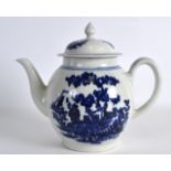 AN 18TH CENTURY LIVERPOOL BLUE AND WHITE BROWNLOW HILL TEAPOT AND COVER painted with the kilted