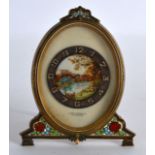 A SMALL EARLY 20TH CENTURY FRENCH CHAMPLEVE ENAMEL AND IVORY STRUT CLOCK retailed by James Weir of