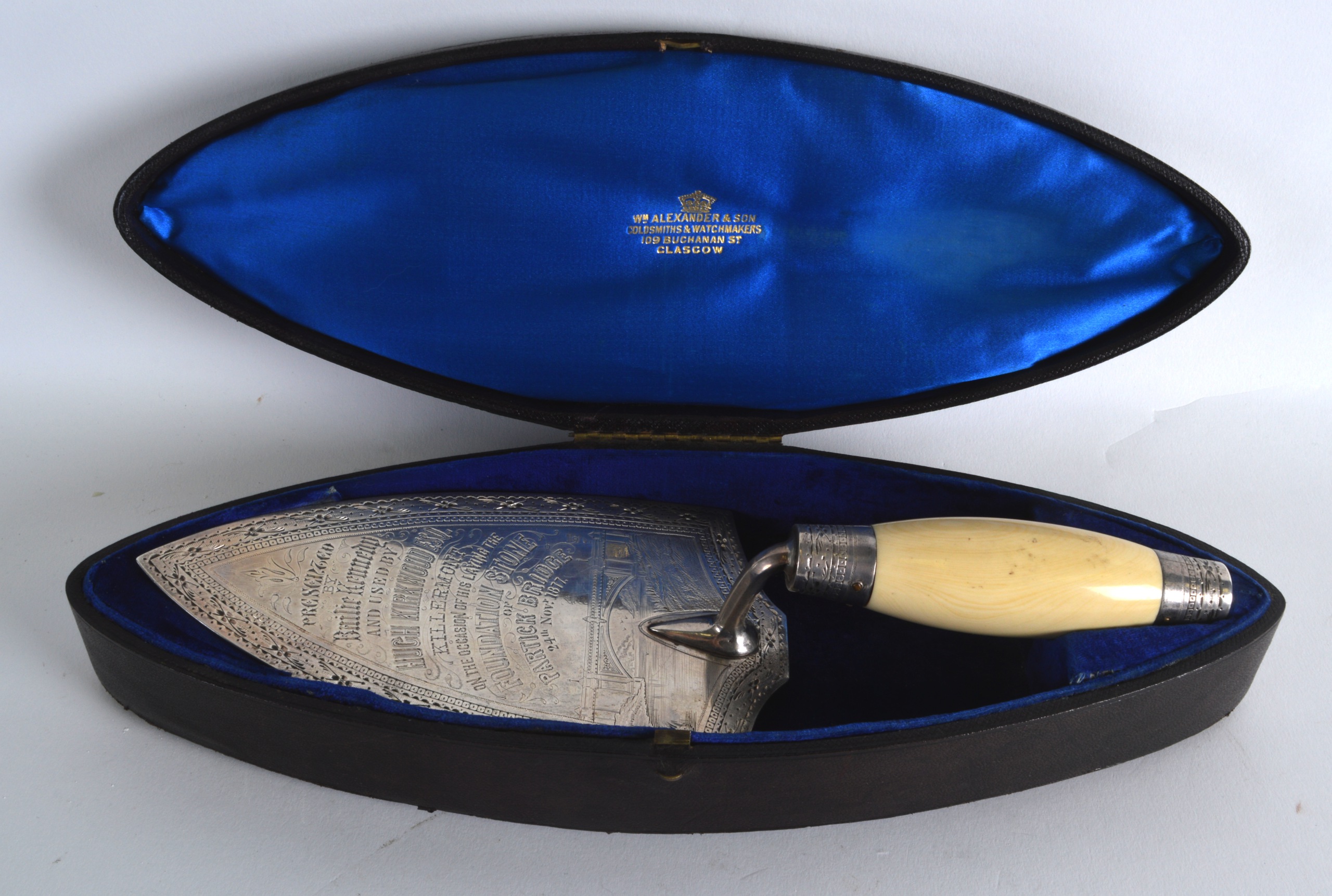 A GOOD VICTORIAN SILVER AND IVORY PRESENTATION TROWEL made for the first foundation laid on the '
