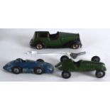 A VINTAGE TRIANG WIND UP TINPLATE CAR together with two Timpo racing cars. (3)