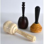 A LARGE 19TH CENTURY CARVED IVORY GAVEL together with another carved wood gavel & another. Largest