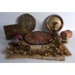 A GROUP OF 19TH CENTURY AND LATER EASTERN COPPER WARES together with a casket, embroidery etc. (