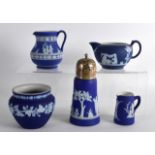 A WEDGWOOD JASPERWARE SUGAR SIFTER together with a small milk jug etc. (5)