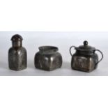 A LATE 19TH CENTURY CHINESE SILVER CRUET SET decorated with character marks. (3)