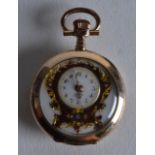 A SMALL 18CT YELLOW GOLD SWISS ENAMEL FOB WATCH with gold overlaid leaf decoration. 1.25ins