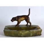 AN ART DECO COLD PAINTED BRONZE AND ONYX ASH TRAY modelled with a roaming hunting hound. 5.25ins