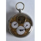 A MID 19TH CENTURY FRENCH SILVER MULTI DIAL FULL HUNTER POCKET WATCH with visible escapement, the