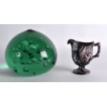 AN UNUSUAL VICTORIAN HEAVY GREEN DUMP PAPERWEIGHT inscribed D W, together with a pressed imitation