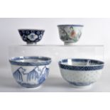 A 19TH CENTURY CHINESE BLUE AND WHITE BOWL together with three others. Largest 4ins diameter. (4)