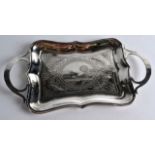 A LATE 19TH CENTURY RUSSIAN TWIN HANDLED SILVER TRAY decorated with a landscape. 4.5ins wide. 9Ins