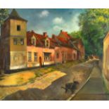 Anne Ratkowski (1903-1997) Oil on canvas, 'Street scene in Belgium'. Image 60cm x 50cm.