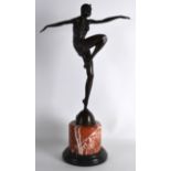 A MODERN BRONZE STUDY OF A FLAPPER GIRL upon a marble base. 1Ft 9ins high.