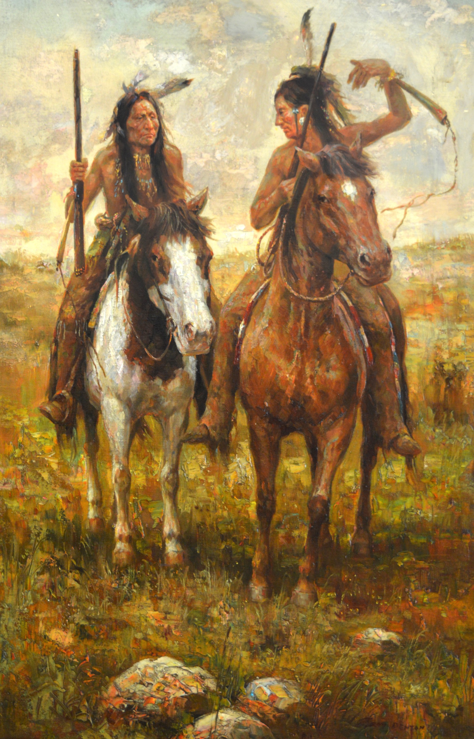 TROY DENTON (Mid 20th Century), Framed Oil on Canvas, signed, Two Native American Indians on