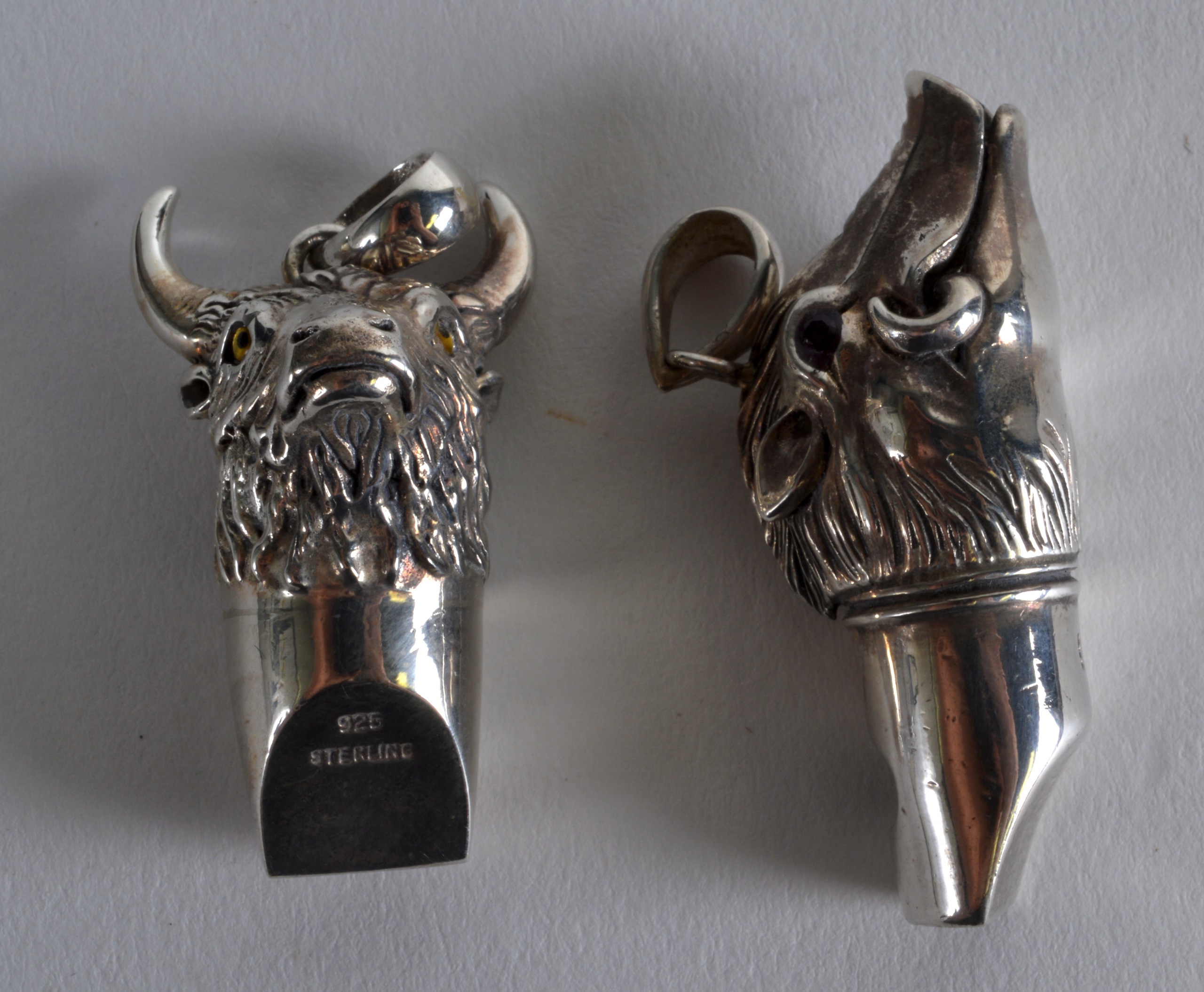 TWO NOVELTY SILVER WHISTLES in the form of a boar & bull. (2)