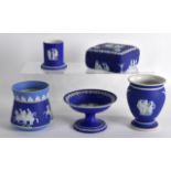 A GROUP OF WEDGWOOD JASPERWARE ITEMS including a tazza, box & cover etc. (5)