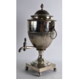 A GOOD LARGE EARLY 19TH CENTURY ENGLISH SILVER SAMOVAR AND COVER with bold mask head handles and