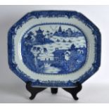 A LARGE 18TH CENTURY CHINESE BLUE AND WHITE MEAT DISH Qianlong, painted with figures upon a bridge