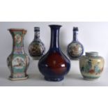 A GOOD 18TH CENTURY CHINESE FLAMBE GLAZED BULBOUS VASE together with a pair of Qianlong guglets, a