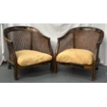 A GOOD PAIR OF ANTIQUE CHINOISERIE LACQUERED LOW COUNTRY HOUSE CANE BACK CHAIRS decorated all over
