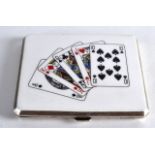 AN ART DECO ENGLISH SILVER AND ENAMEL CIGARETTE CASE the top decorated with playing cards. 3.75ins