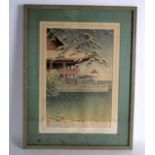 AN EARLY 20TH CENTURY JAPANESE TAISHO PERIOD WOODBLOCK PRINT depicting a snowy landscape. 10Ins x