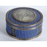 A GOOD 19TH CENTURY FRENCH SILVER AND ENAMEL BOX AND COVER the top inset with a portrait miniature