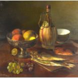 Anne Ratkowski (1903-1997) Oil on board, 'Still life of Fish, Fruit, Bread & Wine'. Image