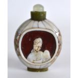 AN UNUSUAL 19TH CENTURY CHINESE MOTHER OF PEARL AND JADE SNUFF BOTTLE decorated in relief with a