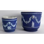 A WEDGWOOD BLUE JASPERWARE JARDINIERE together with a smaller wedgwood jasperware jardiniere. 6.