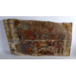 A VERY UNUSUAL EARLY EUROPEAN CARVED WOODEN PAINTED PANEL FRAGMENT depicting a scene of Alexander