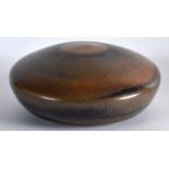 AN UNUSUAL STYLISH STUDIO POTTERY STONEWARE IRIDESCENT DUMP WEIGHT. Signed. 7Ins diameter.