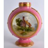 A 19TH CENTURY MINTON MOONFLASK painted with rural scenes on a pink and gilt ground. 6Ins high.