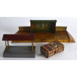 A VINTAGE HORNBY TINPLATE TRAIN STATION together with a similar platform & an unusual tinplate