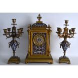 A FINE 19TH CENTURY FRENCH ORMOLU AND CHAMPLEVE ENAMEL CLOCK GARNITURE decorated all over with