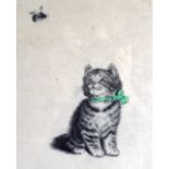 EDWARDIAN ENGRAVING (English), A cat in a green scarf watching a bumble bee. 9.75ins x 8.25ins