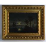 European School (19th Century) Framed, Oil on board, 'Boats beside the palm trees'. Image 9.5ins x