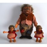 A QUANTITY OF THREE VINTAGE STEIFF MECKI FIGURES one with label. Largest 10ins , smaller 4.5ins. (