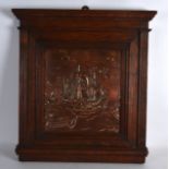 AN OAK CASED ARTS AND CRAFTS COPPER PANEL signed M Naoin, depicting a boat at sea. Copper 11.5ins