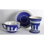 A LARGE 19TH CENTURY TWIN HANDLED WEDGWOOD JASPERWARE CUP & STAND together with an early 20th