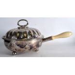 A LARGE 19TH CENTURY SILVER PLATED SERVING DISH AND COVER with boldly formed ivory handle. 1Ft