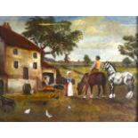 Dutch School (C1900) Oil on canvas behind glass, Folk Art, 'Farming scene'. Image 49cm x 38cm.