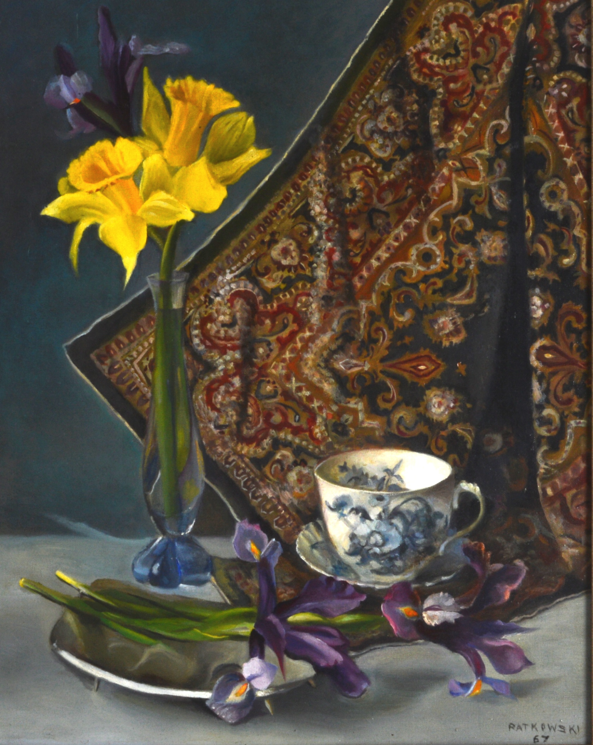 Anne Ratkowski (1903-1997) Oil on canvas, Framed, 'Still life of flowers, cup & saucer'.