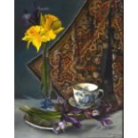 Anne Ratkowski (1903-1997) Oil on canvas, Framed, 'Still life of flowers, cup & saucer'.