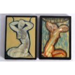 A LOVELY PAIR OF ART DECO CARVED WOOD AND MOTHER OF PEARL PLAQUES depicting nude stylised females.