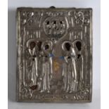 A 19TH CENTURY RUSSIAN SILVER MOUNTED ICON the icon probably 17th or 18th century. 5.5ins x 7ins.